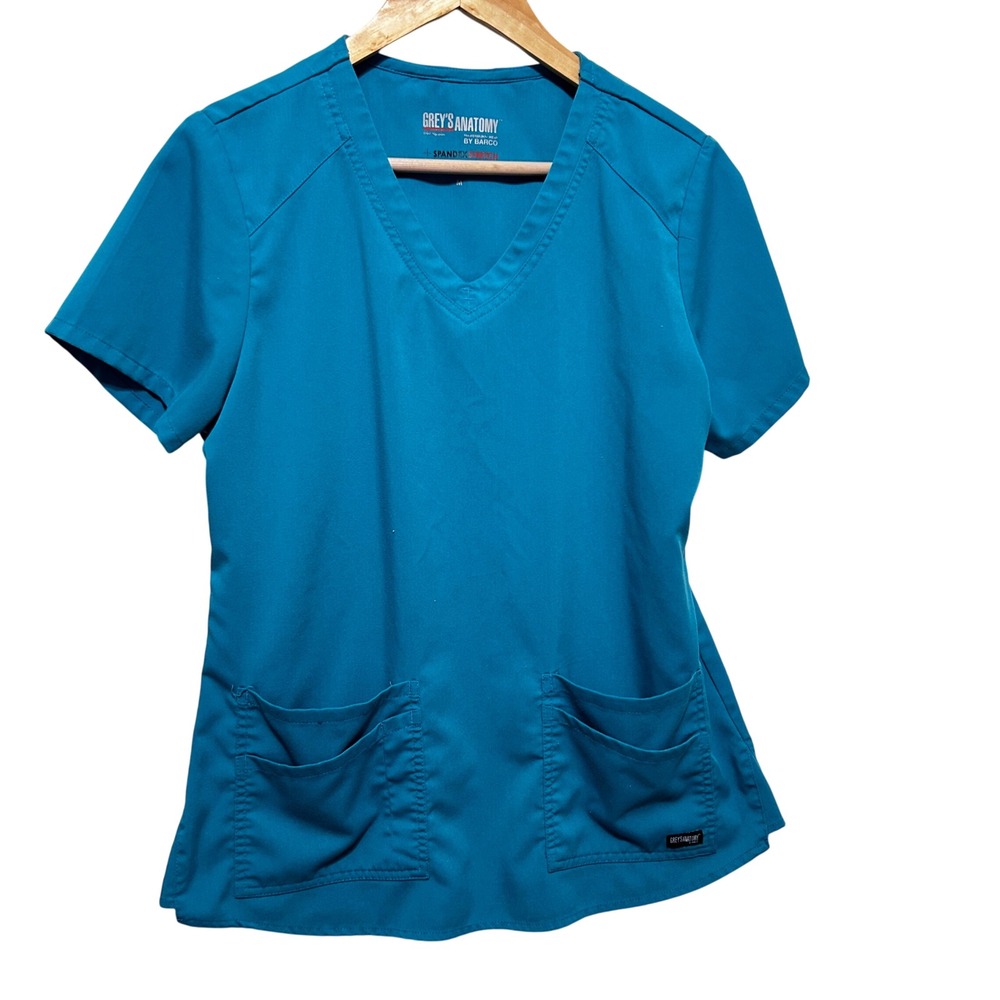 Greys Anatomy Barco Women Scrub Top M Teal Blue Stretch‎ Pockets Medical Uniform